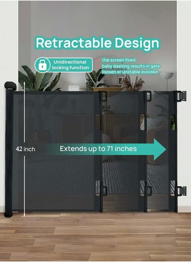 Retractable Baby Gate, Mesh Safety Gate for Babies and Pets, Extra Wide Safety Baby Gate 42 Tall  71 Wide, Pet Dog Gate for doorways, Stairs, Indoor/Outdoor (1.8M Black)