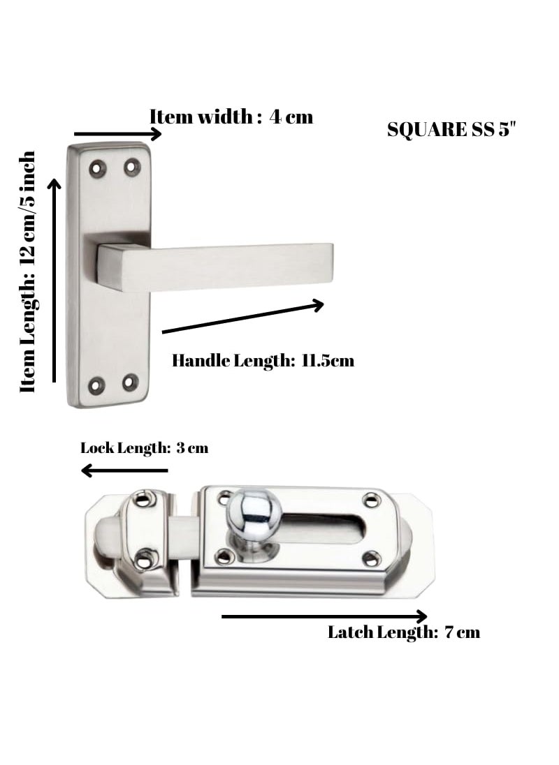 SARDAR Square 5 Stainless Steel Iron Bathroom Door Handle Set with Keyless Baby LatchTower BoltPush to Close Latch