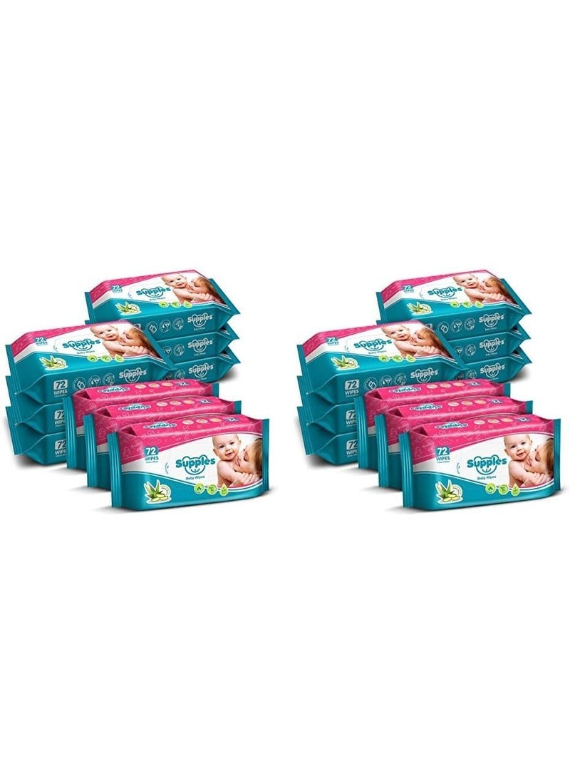 Baby Wet Wipes with Aloe Vera and Vitamin E - 72 Wipes/Pack (Pack of 18)