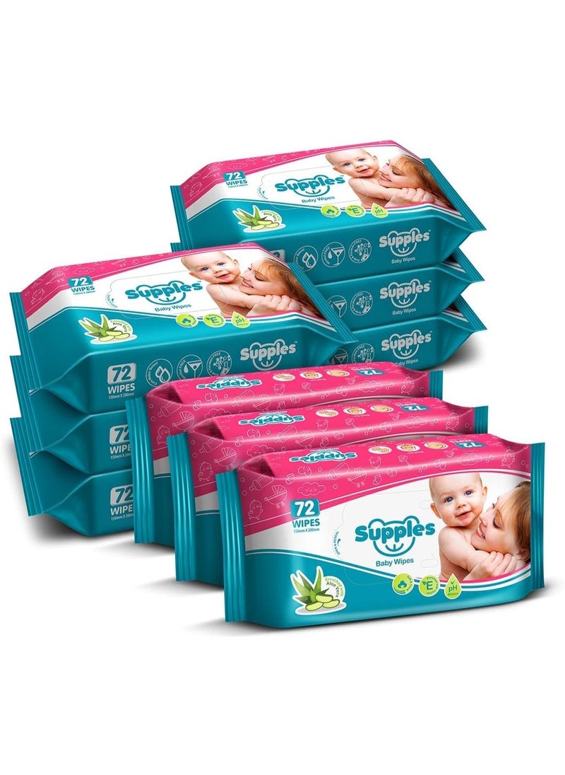 Baby Wet Wipes with Aloe Vera and Vitamin E - 72 Wipes/Pack (Pack of 9)