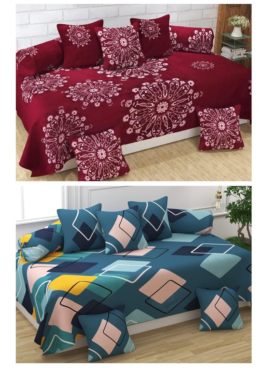 CHHILAKIYA Cotton Blend Supper Soft Printed Diwan Set Combo 2 Diwan Bedsheet Single 10 Cushion Covers Zipper 4 Bolster Covers MaroonBlue