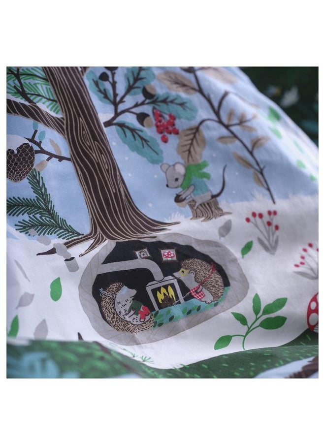 Duvet cover and pillowcase, blue green/forest pattern, 150x200/50x80 cm
