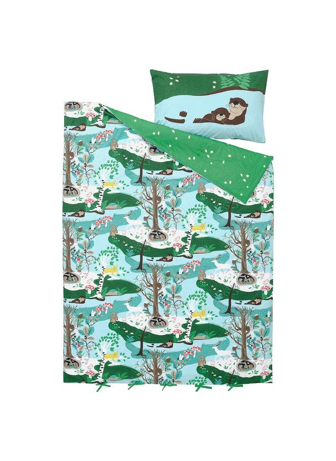 Duvet cover and pillowcase, blue green/forest pattern, 150x200/50x80 cm