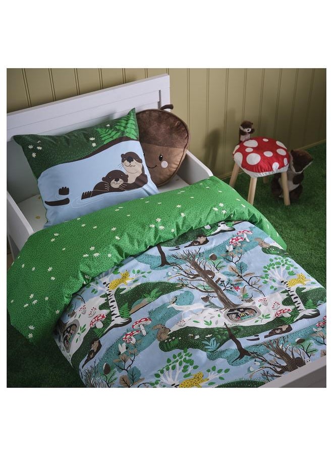 Duvet cover and pillowcase, blue green/forest pattern, 150x200/50x80 cm