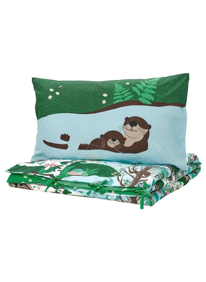 Duvet cover and pillowcase, blue green/forest pattern, 150x200/50x80 cm