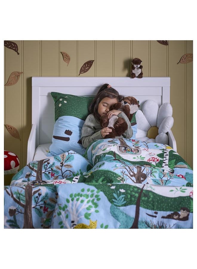 Duvet cover and pillowcase, blue green/forest pattern, 150x200/50x80 cm