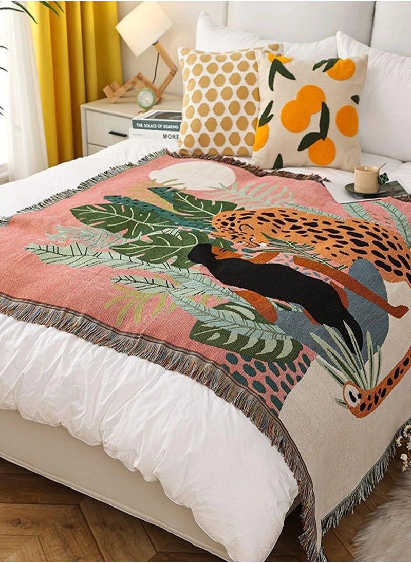 1pc Leopard  Leaf Pattern Blanket, Tassel Decor Fabric Sleeping Blanket, For Home130*160