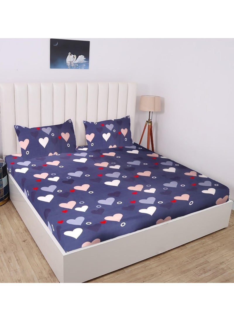 RD TREND 360 Fitted Bedsheets Double Size 72x60x8 Inch Elastic Bedsheets for Queen Size Bed with 2 Pillow Covers18x28 Inch Blue Heart