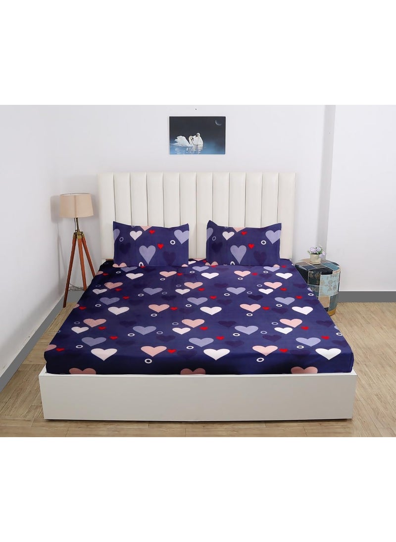 RD TREND 360 Fitted Bedsheets Double Size 72x60x8 Inch Elastic Bedsheets for Queen Size Bed with 2 Pillow Covers18x28 Inch Blue Heart