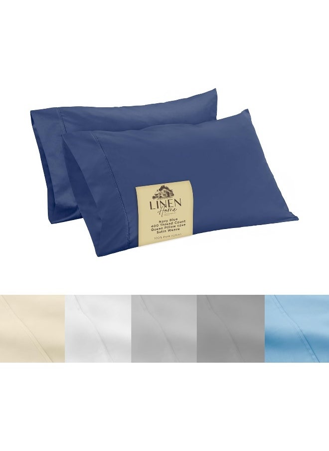 400 Thread Count Cotton Pillowcases Queen Size, Navy Blue, 2 Pieces of Pillow Case, Soft and Smooth Strong Bed Linen, 20 inches X 30 inches