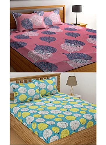 VAS COLLECTIONS Double Bedsheet Combo Pack of 2 Supersoft Glace Cotton 180 TC Set of 2 bedsheet with 4 Pillow Cover Breathable Wrinkle Free 6 Pcs Set Pink Green