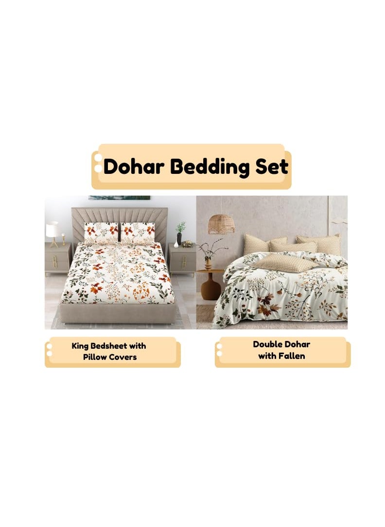 COZY FURNISH Super Soft Brushed Microfiber Cotton 210TC Bedding SetKing Size Bedsheet with Pillow Covers and Double Dohar with Fallen4 pc Bedding Set Cream