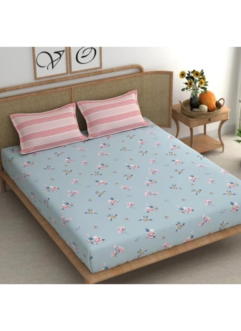 helvetica Premium Elastic Fitted bedsheets King Size Supersoft Cotton 180 tc Size 108x108 inches with 2 Coordinate Pillow Covers for Double Bed Light Colour