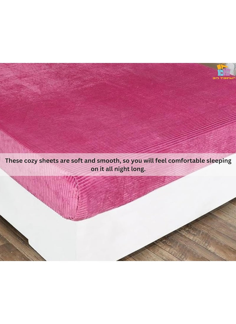 RD TREND 210 TC 190 GSM Warm Elastic Fitted Striped bedsheets for Winter King Size78X72X8 Inch with 2 Pillow Cover Size 18x28 InchesPink King