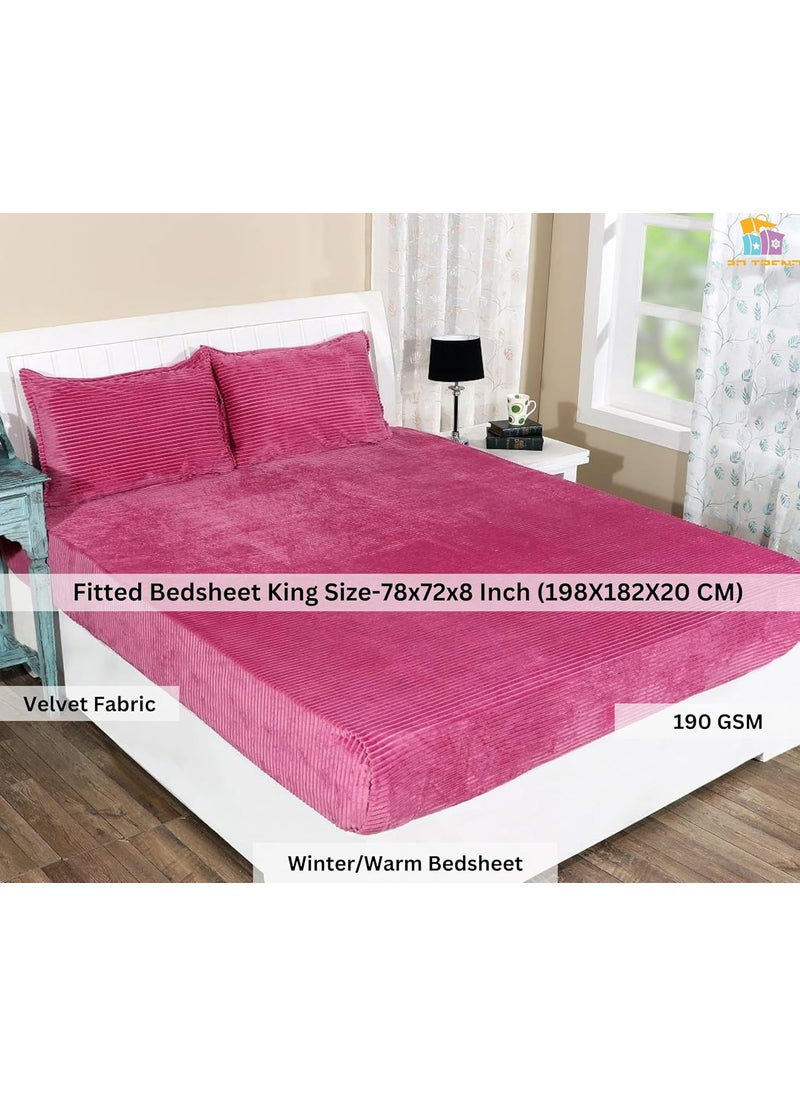 RD TREND 210 TC 190 GSM Warm Elastic Fitted Striped bedsheets for Winter King Size78X72X8 Inch with 2 Pillow Cover Size 18x28 InchesPink King