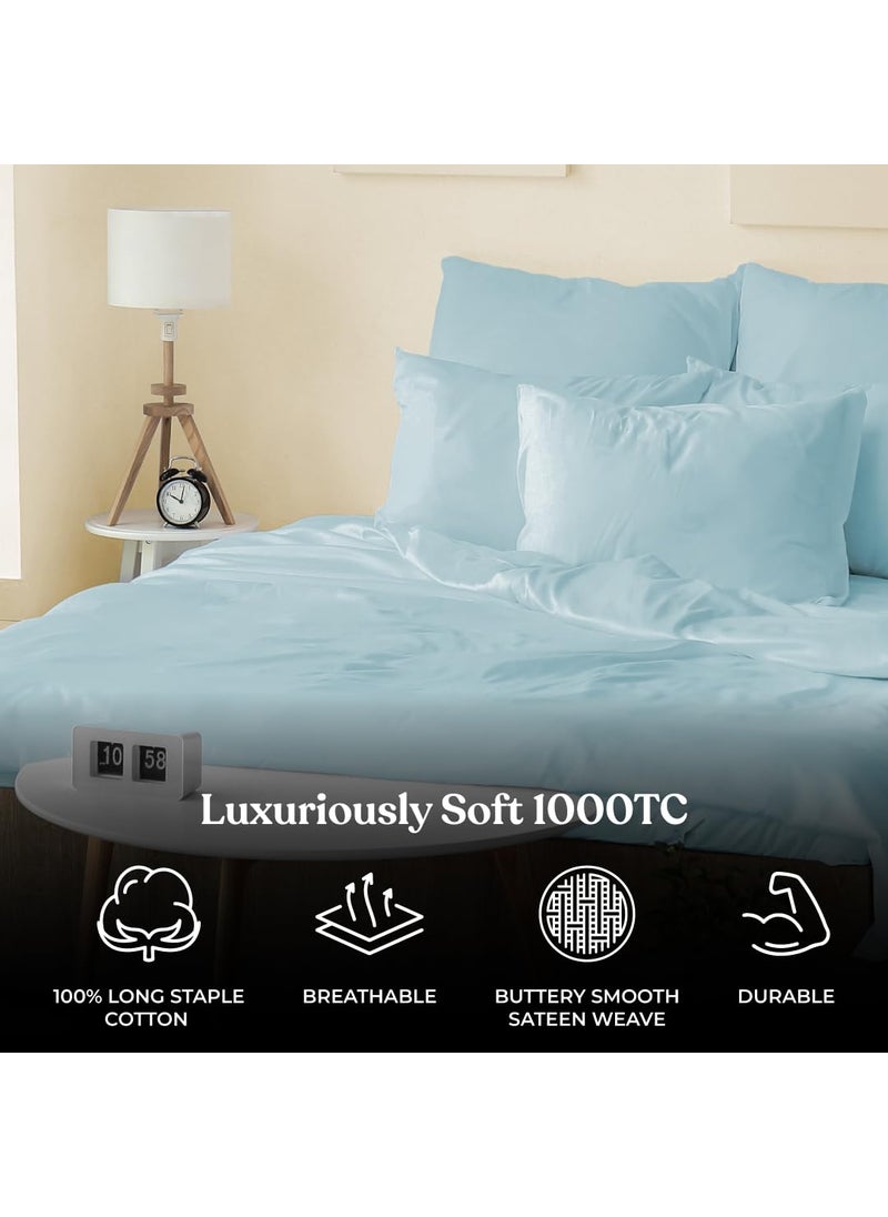 Blue Dahlia Cotton Flat Bedsheet for Double Bed 1000TC Sateen Weave King Size Bed Sheet Solid 1 Flat Sheet 108x108 4 Pillow Covers 18x28 Bedding Set OekoTEX CertifiedBlue