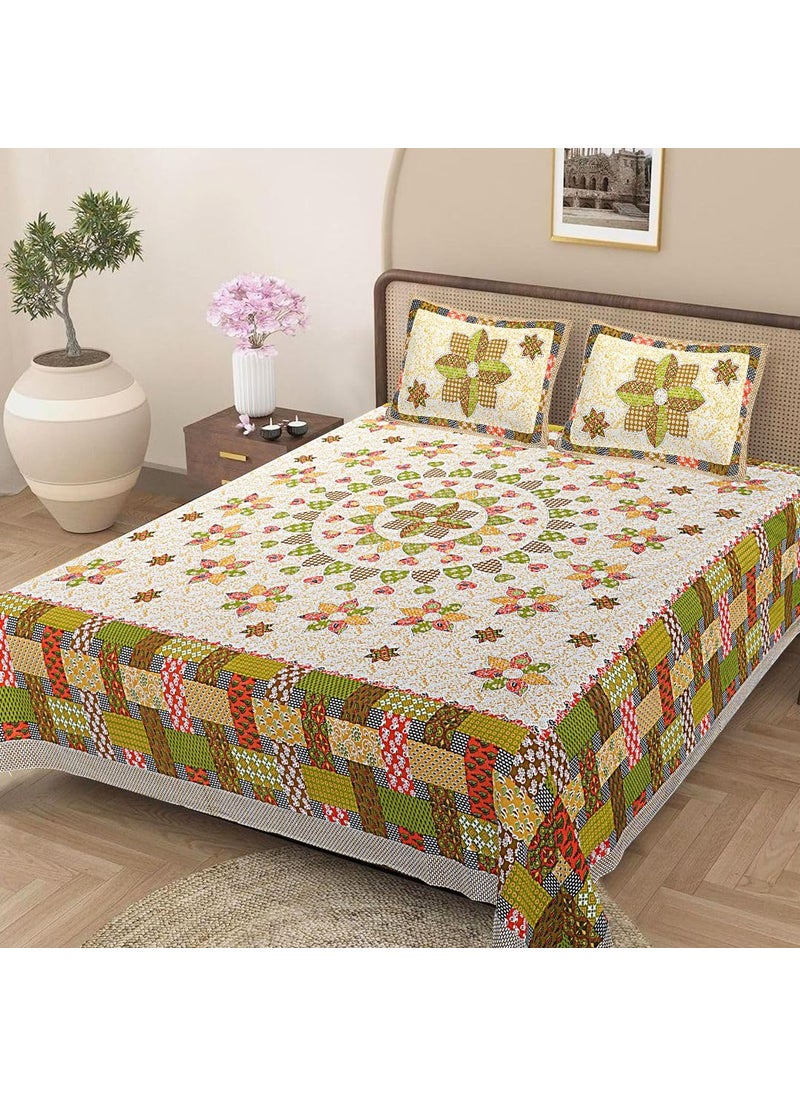 Jaipur Weaves Bedsheet King Size 100 Pure Cotton Bed Sheet with 2 Pillow Covers Super Soft Cozy Bedsheets Set108x108 inches 9ftx9ft Floral Mandala Green Super King