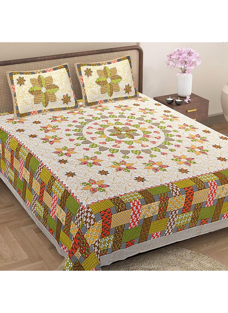 Jaipur Weaves Bedsheet King Size 100 Pure Cotton Bed Sheet with 2 Pillow Covers Super Soft Cozy Bedsheets Set108x108 inches 9ftx9ft Floral Mandala Green Super King