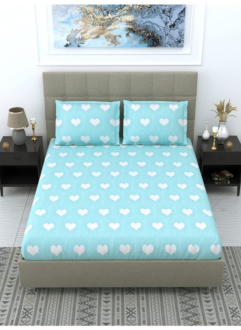 Dream Weaverz Cotton 260 TC Heart Printed Double Bedsheet with 2 Pillow Covers Queen Size Sea Green