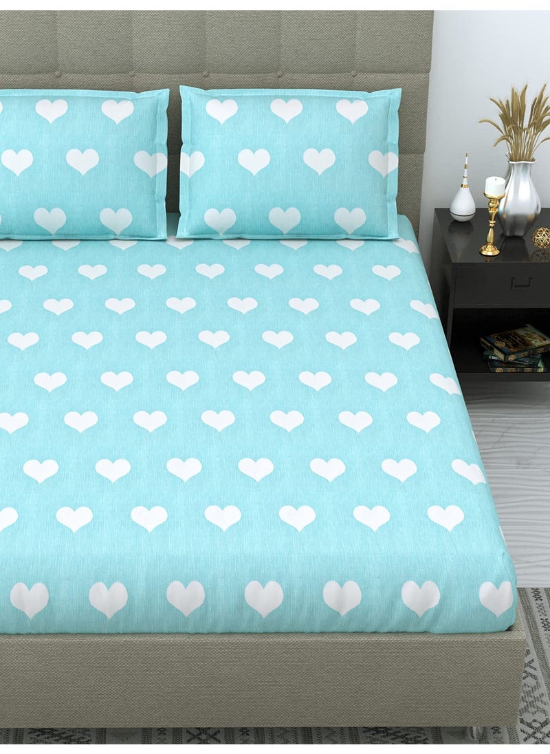 Dream Weaverz Cotton 260 TC Heart Printed Double Bedsheet with 2 Pillow Covers Queen Size Sea Green