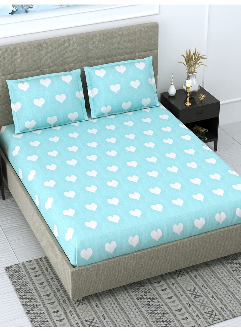 Dream Weaverz Cotton 260 TC Heart Printed Double Bedsheet with 2 Pillow Covers Queen Size Sea Green