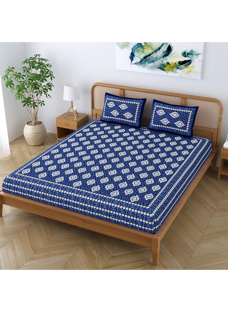 SheetKart Dabu Floral 100 Cotton Double Bedsheet Jaipuri Printed Bed Cover King Size with 2 Pillow Covers Midnight Blue