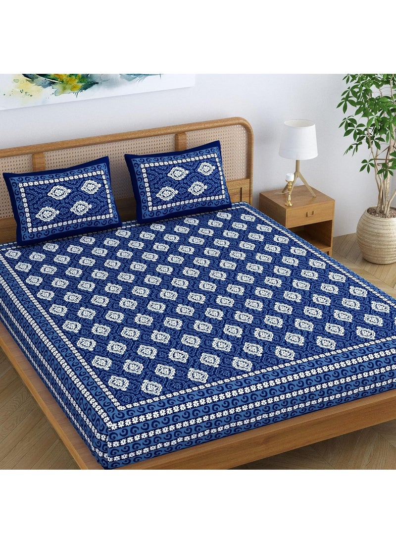 SheetKart Dabu Floral 100 Cotton Double Bedsheet Jaipuri Printed Bed Cover King Size with 2 Pillow Covers Midnight Blue