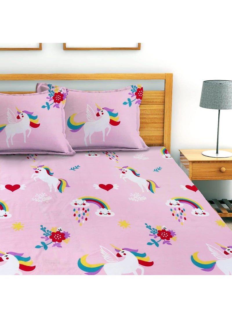 AEROHAVEN 180TC Glace Cotton Cartoon Fitted Double Queen Bedsheet with 2 King Size Pillow Covers 72 x 78 GCB13 Pink