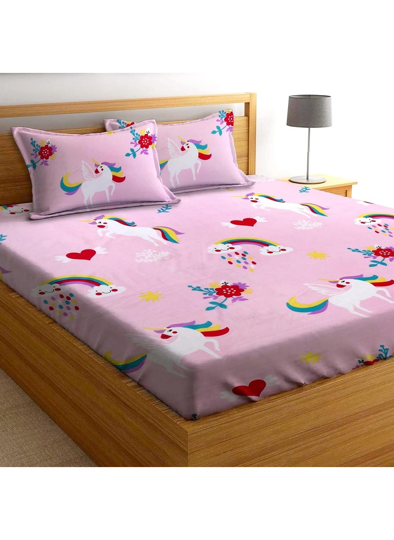 AEROHAVEN 180TC Glace Cotton Cartoon Fitted Double Queen Bedsheet with 2 King Size Pillow Covers 72 x 78 GCB13 Pink