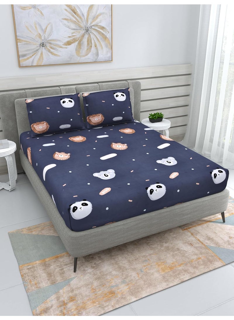Dream Weaverz Cute Animal Printed Double Bed Soft Cotton Bedsheet 235 x 255 cm with 2 Pillow Covers 75 x 55 cm for Kids Bedroom Navy Blue DQ66