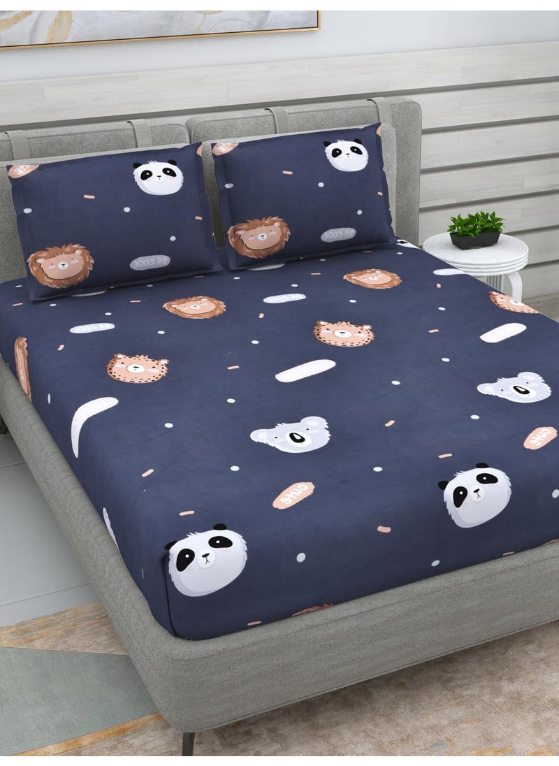 Dream Weaverz Cute Animal Printed Double Bed Soft Cotton Bedsheet 235 x 255 cm with 2 Pillow Covers 75 x 55 cm for Kids Bedroom Navy Blue DQ66