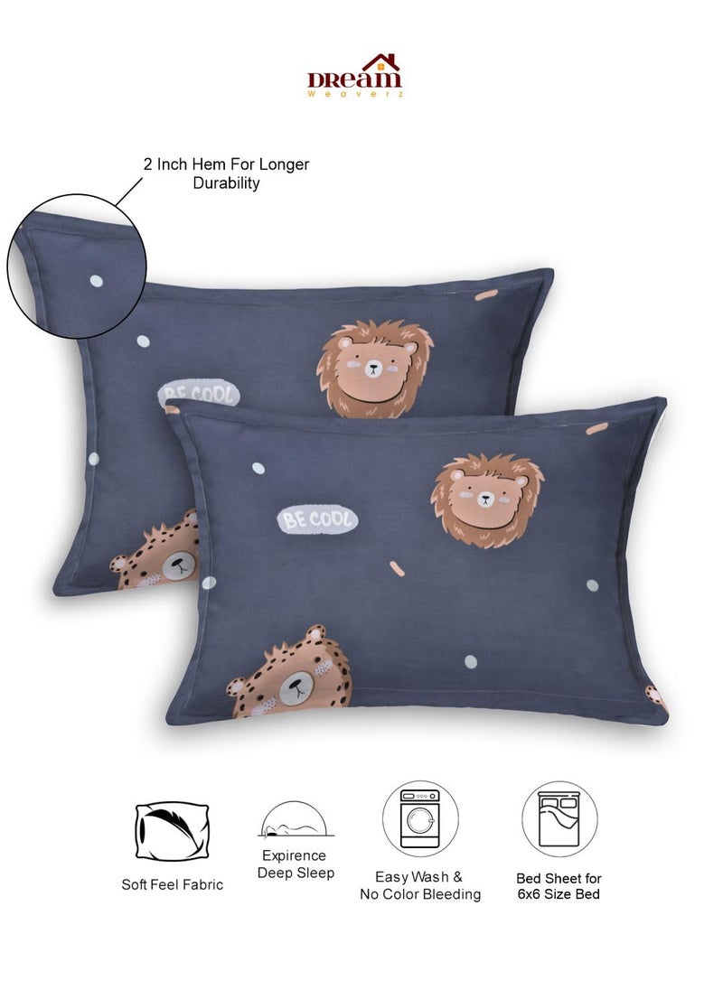Dream Weaverz Cute Animal Printed Double Bed Soft Cotton Bedsheet 235 x 255 cm with 2 Pillow Covers 75 x 55 cm for Kids Bedroom Navy Blue DQ66
