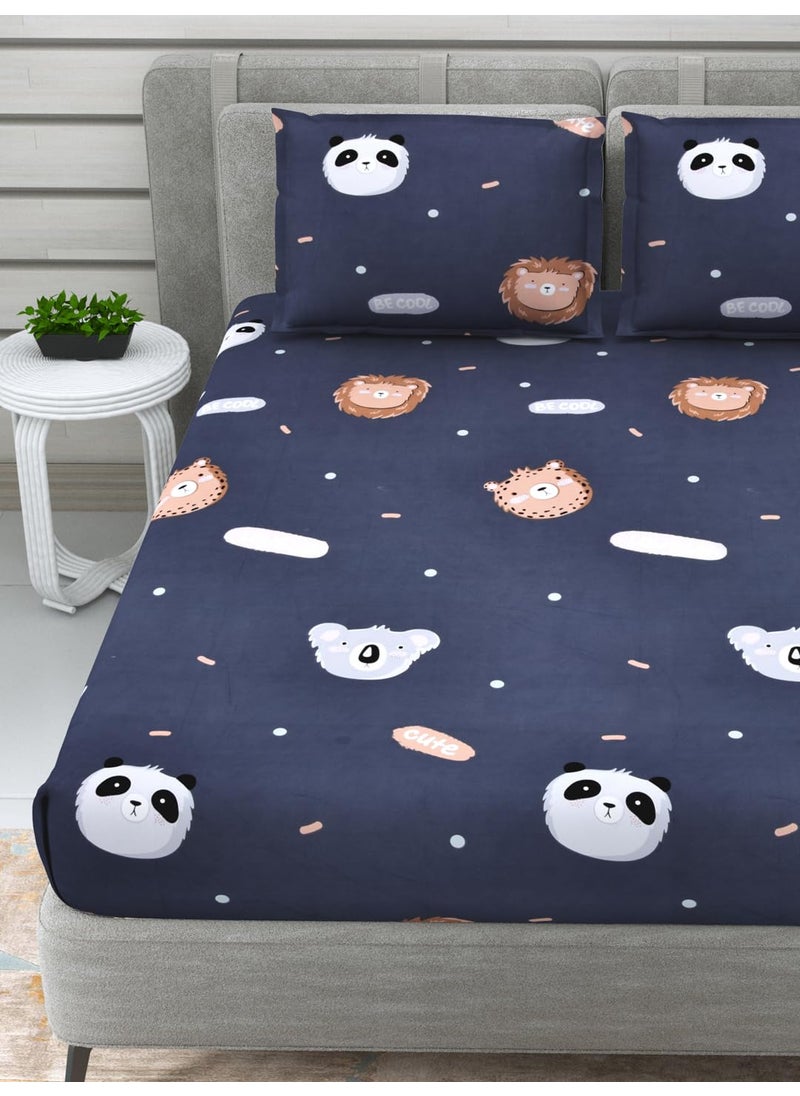 Dream Weaverz Cute Animal Printed Double Bed Soft Cotton Bedsheet 235 x 255 cm with 2 Pillow Covers 75 x 55 cm for Kids Bedroom Navy Blue DQ66