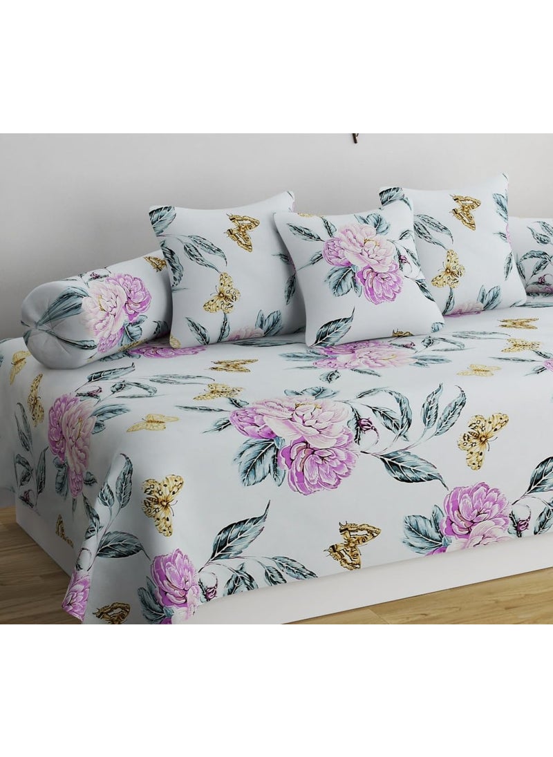 SHOMES Pure Cotton Printed Diwan Set Covers 6 Pieces for Living Room 1 Single Bed Sheet with 3 Cushion Covers 2 Bolster Covers Color Light Blue Size Standard Set of 6 Pcs