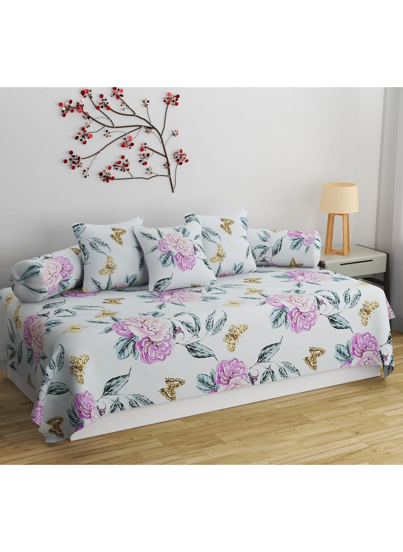 SHOMES Pure Cotton Printed Diwan Set Covers 6 Pieces for Living Room 1 Single Bed Sheet with 3 Cushion Covers 2 Bolster Covers Color Light Blue Size Standard Set of 6 Pcs