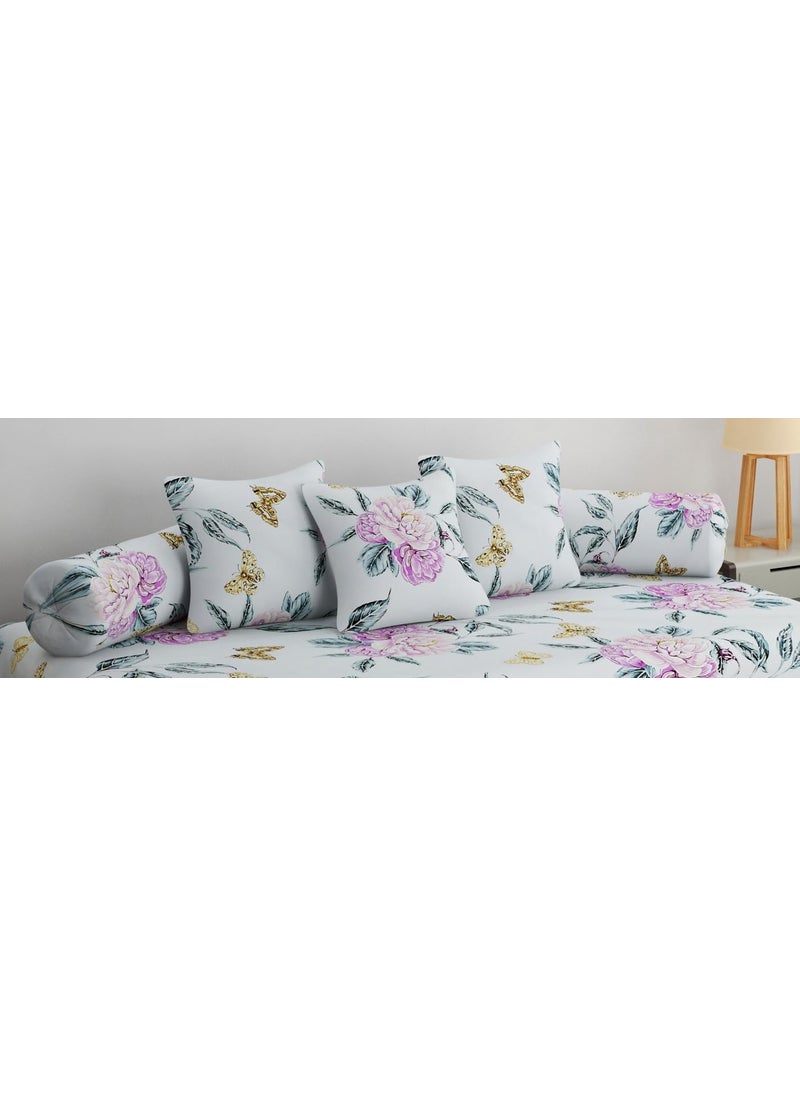 SHOMES Pure Cotton Printed Diwan Set Covers 6 Pieces for Living Room 1 Single Bed Sheet with 3 Cushion Covers 2 Bolster Covers Color Light Blue Size Standard Set of 6 Pcs