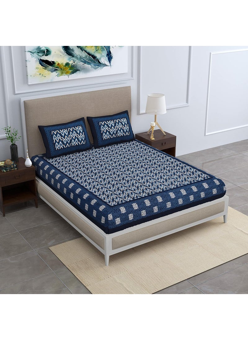 SheetKart Dabu Zig Zag 144 TC 100 Cotton Double Bedsheet Jaipuri Printed Bed Cover with 2 Pillow Covers Midnight Blue