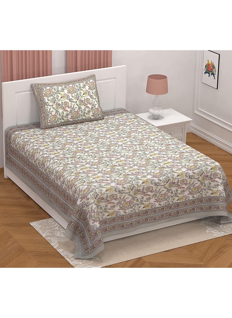 EasyGoods 240 TC Cotton Bedsheet for Single Bed Grey Ethnic20 Bedsheet Single Size Bed CottonSingle Size BedsheetSingle Bedsheet with 1 Pillow Cover 60x90 Inch Handcrafted Bed Sheets