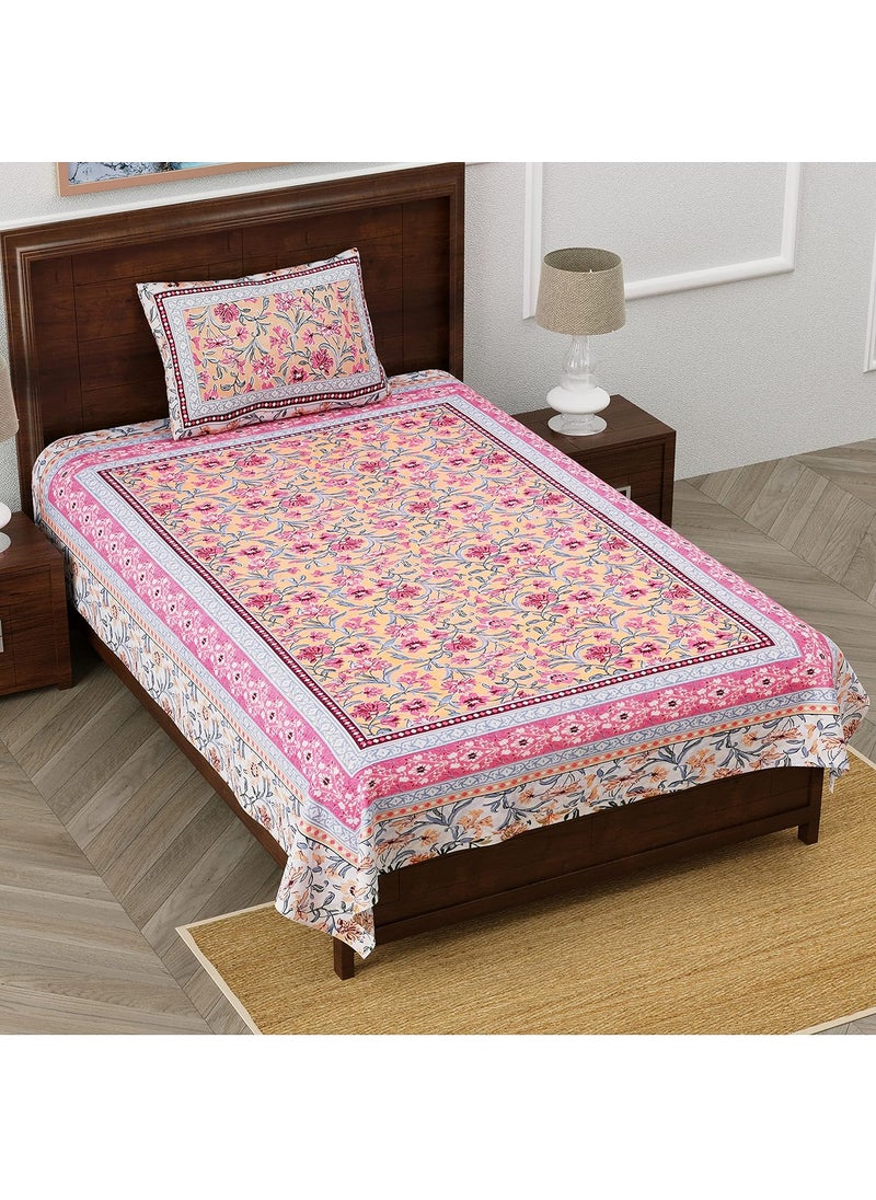 EasyGoods 240 TC Cotton Bedsheet for Single Bed Pink Ethnic22 Bedsheet Single Size Bed CottonSingle Size BedsheetSingle Bedsheet with 1 Pillow Cover 60x90 Inch Handcrafted Bed Sheets