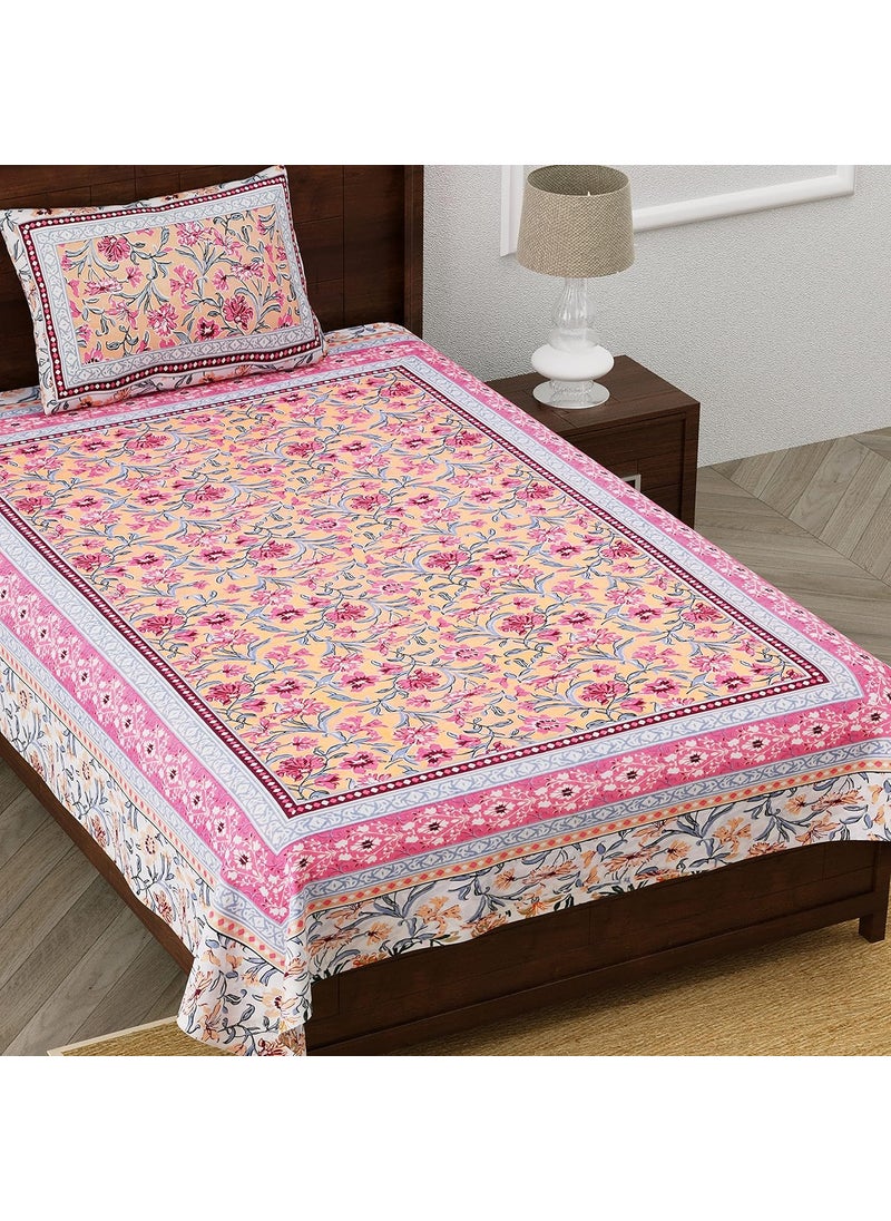 EasyGoods 240 TC Cotton Bedsheet for Single Bed Pink Ethnic22 Bedsheet Single Size Bed CottonSingle Size BedsheetSingle Bedsheet with 1 Pillow Cover 60x90 Inch Handcrafted Bed Sheets