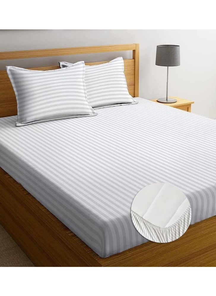 NHD HOME 100 Cotton SolidStripes 220 TC Elasticated Fitted King Size Bedsheets with 2 Pillow Covers Breathable Size 78X7210 Inches Deep Pocket HomeHotelsHospitalGuest House ColorWhite