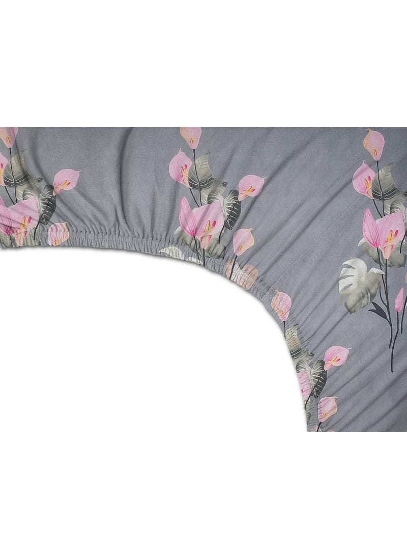helvetica Premium Cotton Elastic Fitted Bedsheets with 2 King Size Pillow Covers Double Bed with All Around Elastic 180 TC Supersoft 72x78 Grey and Pink Floral