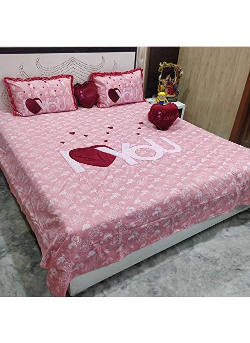 HomeStoreYEP Pure Cotton I Love You Patch Abstract Luxury Designer Double Bedsheet with Two Pillow Covers and Two Heart Cushions Maroon 5 Pieces