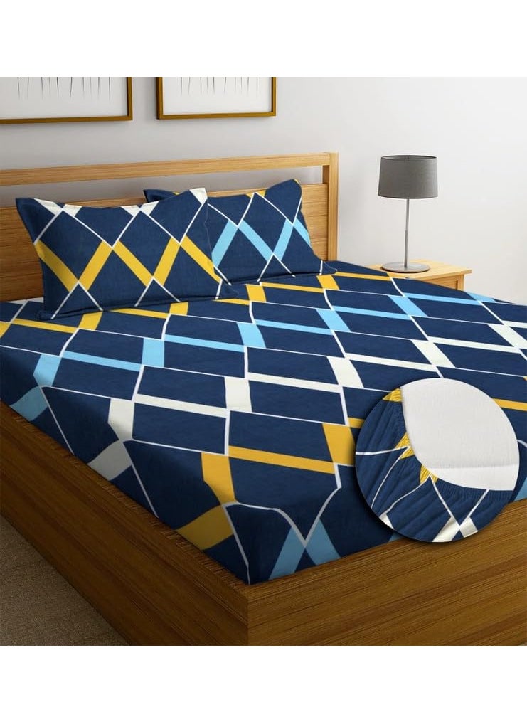 NHD HOME Cotton All Around Elastic Fitted Premium Prints Queen Size Double Bed Bedsheet with 2 Large Pillow Covers Fits Upto Mattress of 8 InchesSize60 x 78 Blue and White