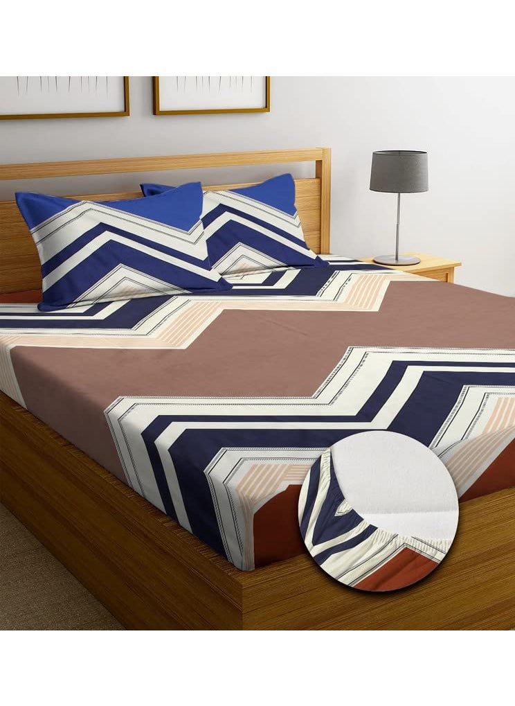 NHD HOME Premium Cotton Elastic Fitted Bedsheets with 2 Matching Contras Pillow Covers Double Bed with All Around Elastic 180 TC Supersoft Size78 x 72 10 inches Blue Brown White