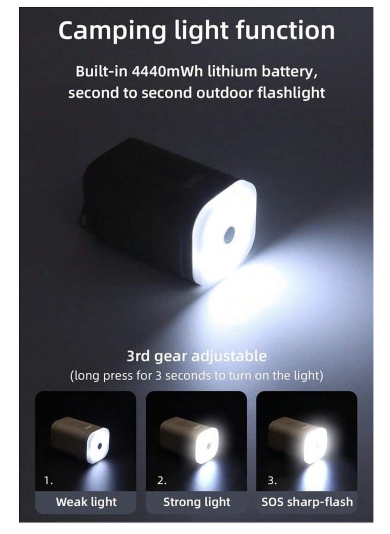 Portable multi-function air pump - safe and durable, smart lock anti-misstart, overheating protection, unique color is loved by young people. USB with 2-level brightness emergency light, tent hangin