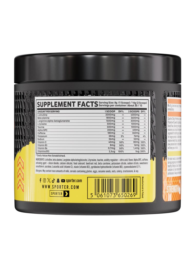 Sporter Sting Pre-Workout – Fruit Punch | 30 Servings | Energy, Strength & Focus Booster | 180mg Caffeine | L-Citrulline, Beta-Alanine & B-Vitamins | Sugar-Free | Dietary Supplement – 240g