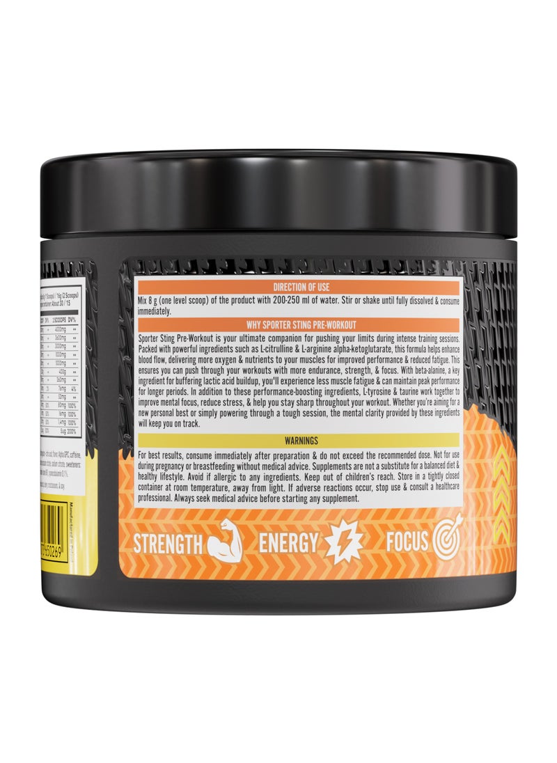 Sporter Sting Pre-Workout – Fruit Punch | 30 Servings | Energy, Strength & Focus Booster | 180mg Caffeine | L-Citrulline, Beta-Alanine & B-Vitamins | Sugar-Free | Dietary Supplement – 240g