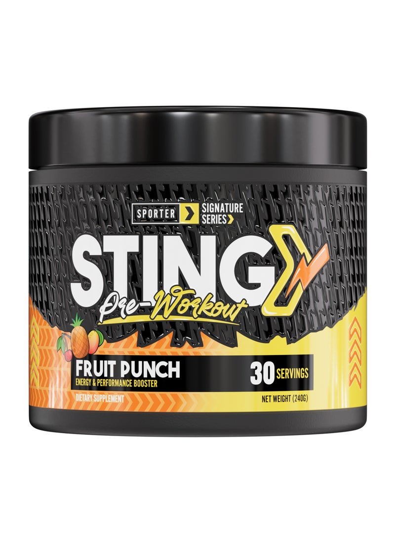 Sporter Sting Pre-Workout – Fruit Punch | 30 Servings | Energy, Strength & Focus Booster | 180mg Caffeine | L-Citrulline, Beta-Alanine & B-Vitamins | Sugar-Free | Dietary Supplement – 240g