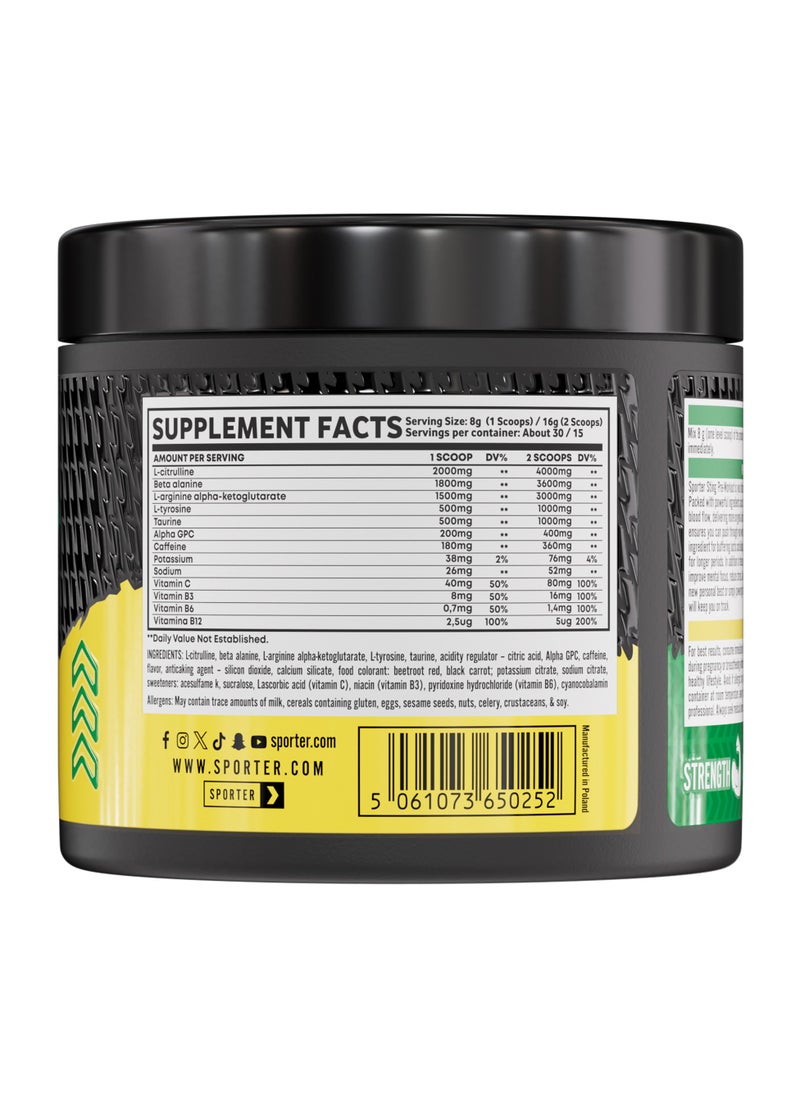 Sporter Sting Pre-Workout – Watermelon | 30 Servings | Energy, Strength & Focus Booster | 180mg Caffeine | L-Citrulline, Beta-Alanine & B-Vitamins | Sugar-Free | Dietary Supplement – 240g